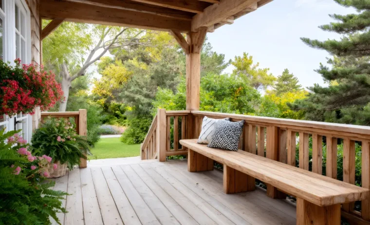 Wooden porch bench overlooking a lush green garden