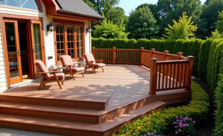 elegant wooden deck in a vacation home's garden with neatly trimmed hedges and flower beds in Shelbyville, TN